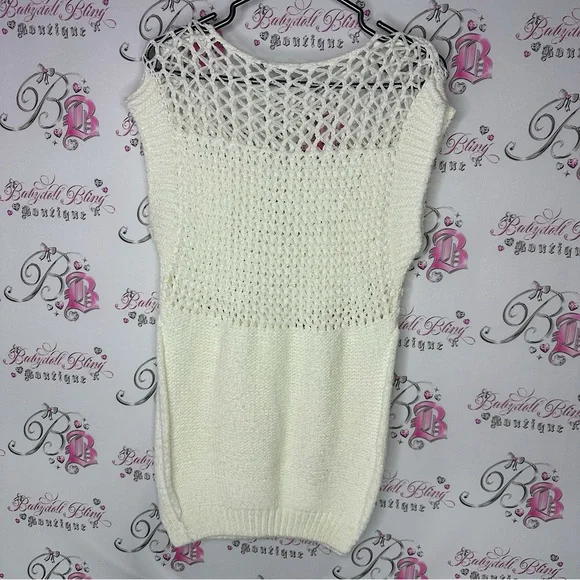 Dress knitted crochet cream white stretchy sweater open sides flowy warm cozy - Picture 1 of 4